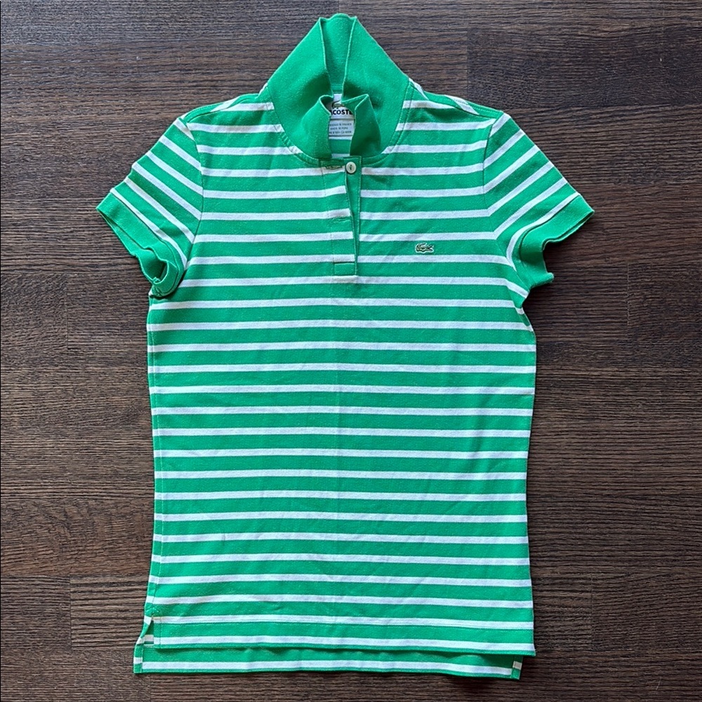 Women's collared Lacoste short sleeve shirt - size 36 - kelly green/white stripe